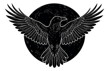 Obraz premium Woodcut illustration of a raven in flight depicting spread wings against a full moon for gothic and tattoo design