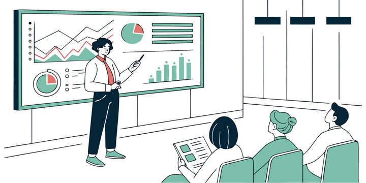 Business presentation with charts and graphs for an audience presentation business audience boardroom conference analysis strategy management discussion colleagues employees performance