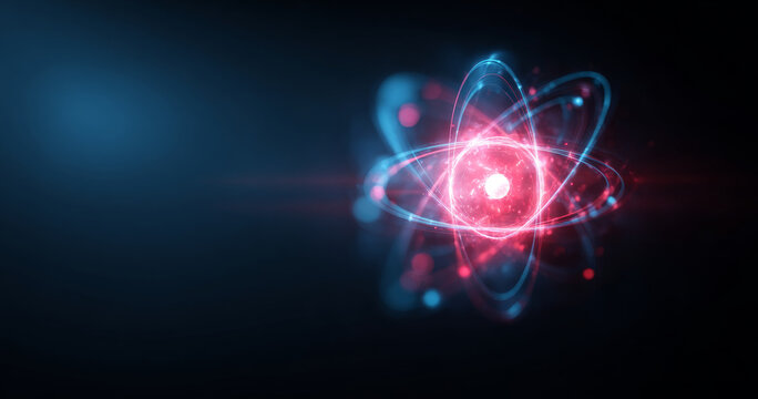 Glowing atomic structure with orbiting electrons