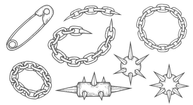 Chain links and spiked objects vector illustration set
