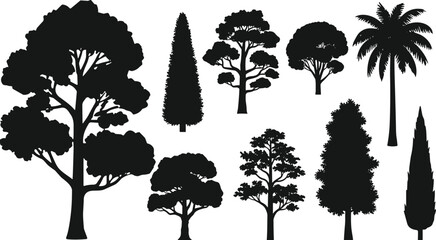 Fototapeta premium Tree silhouettes collection black vector set of various forest and garden trees isolated for landscape and design use