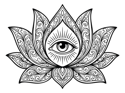 Ornate line art illustration of a lotus flower with all seeing eye depicting spiritual enlightenment for tattoo and esoteric design