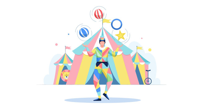 A colorful clown juggles balls in front of a circus tent.