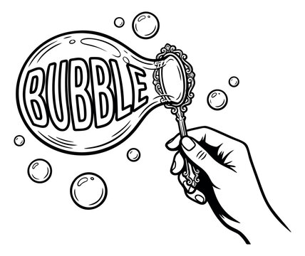 Engraving style illustration of a hand blowing soap bubbles depicting a decorative wand with floating spheres for fun and creative design