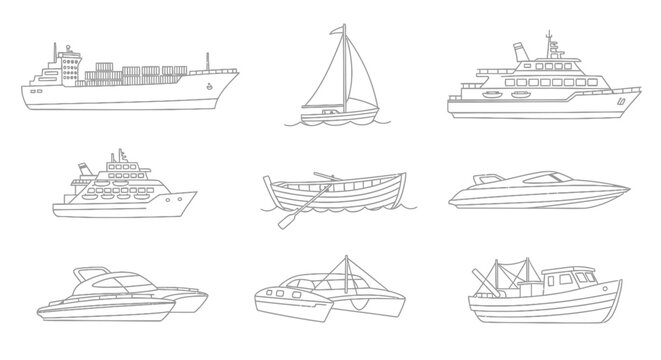 Various boats and vessels line art illustrations