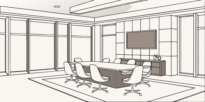 Modern empty conference room with a large meeting table office swivel chairs wall-mounted screen bright ready for business presentations and discussions business corporate interior boardroom