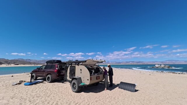 Setting up a teardrop camper trailer and preparing food by the beach in Baja California Mexico at sunrise near the Sea of Cortez.