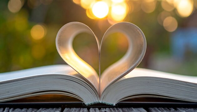 Book heart shape in sunset.