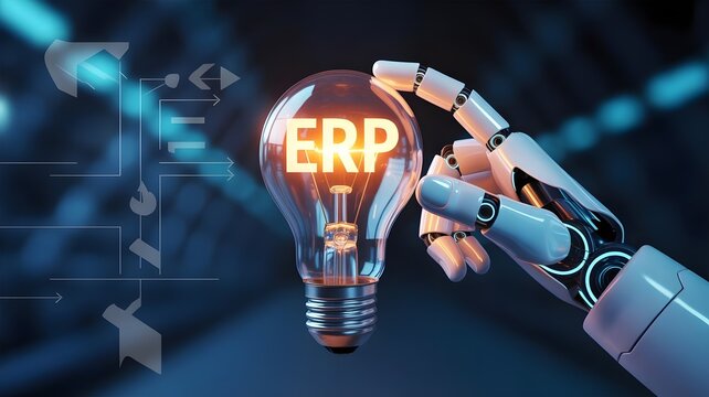 Robotic hand holding glowing light bulb with erp software concept for business automation and innovation