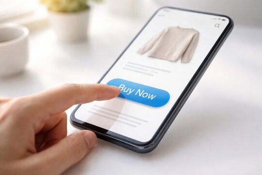 A person is using a smartphone to shop online, about to click a blue "Buy Now" button for a beige sweater.