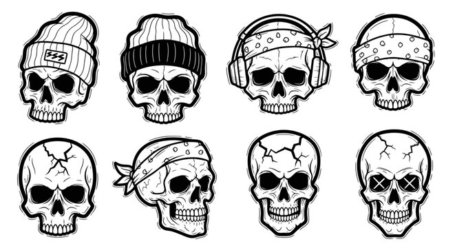 Skull illustrations collection graphic elements monochrome style