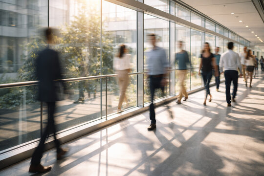 People walking through a modern office corridor with sunlight