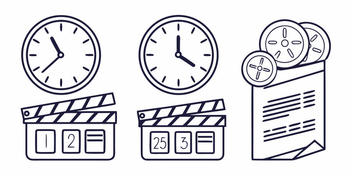 And clock in black and white line style line black and white clapperboard reels script