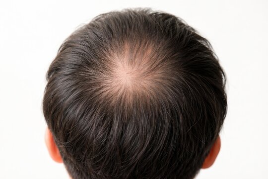 Top view of a balding man's head showing thinning hair and a visible scalp on the crown area.