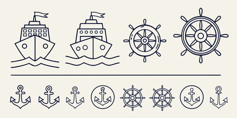 Nautical symbols and anchors on a beige background ships steering wheels © Abu