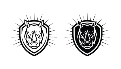 Aggressive rhinoceros head emblem inside shield with sunburst effect for sports mascot or security logo design © Digital
