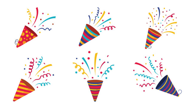 Festive set of colorful party poppers exploding with bright confetti and streamers to celebrate birthdays and special holiday events.