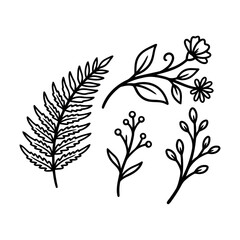 Fototapeta premium set of decorative botanical elements including leaves, branches, and small florals, minimal line art, bold thick black outline, clean smooth stroke