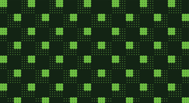 Retro 8-bit geometric pixel grid; dark background, green square shapes, scattered mosaic blocks, repeating dotted matrix. used for arcade game UI backdrop, cyber wallpaper.