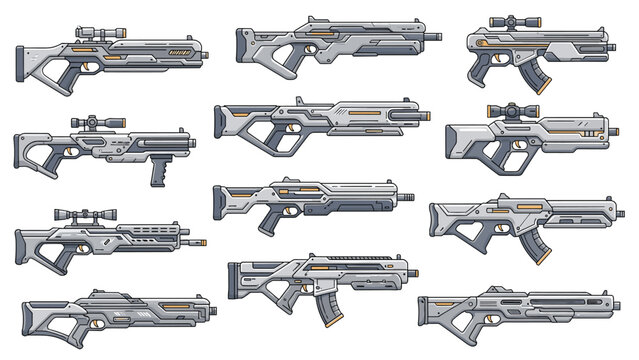 Collection of futuristic sci-fi rifle and weapon designs in pixel art style for game development and concept art projects.
