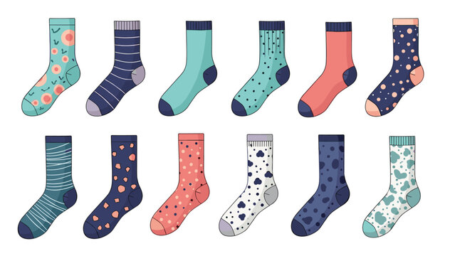 Colorful assortment of patterned socks with various creative designs like polka dots, stripes, and clouds on a white background.
