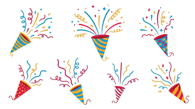 Collection of colorful festive party poppers exploding with confetti and streamers for birthday and holiday celebrations.