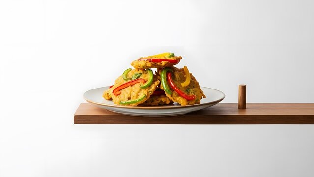 Delectable fried calamari stack with vibrant peppers and aioli on plate