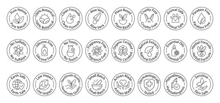 Organic cosmetics badges set, round eco labels with icons and text for packaging design, natural skincare