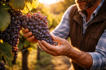 Naklejka premium Man gently holding ripe grapes in vineyard during sunset