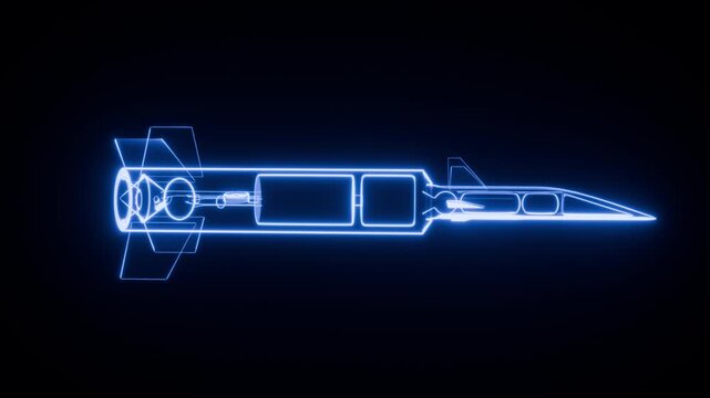 Futuristic hypersonic missile as a glowing hologram, rotating 360 degrees in a seamless loop. High-tech 3D animation for aerospace, defense, sci-fi, and digital interface concepts.