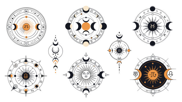 Collection of mystical astrology and celestial symbols including sun, moon phases, and zodiac inspired designs.