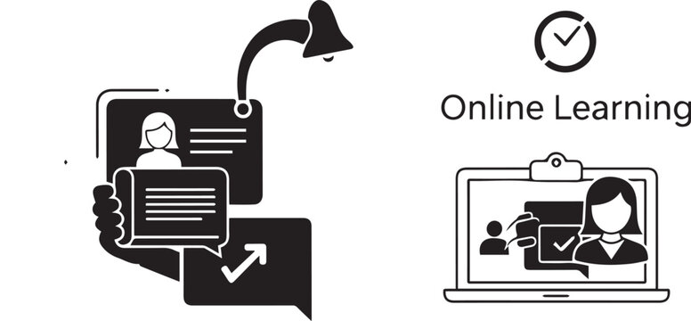 Online learning icons with laptop speech bubble and student profile