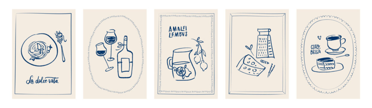 Hand drawn Amalfi food and drink poster set with pasta, wine, lemons, cheese and coffee, minimal blue line illustration with organic ink wobble for cafe menus, kitchen wall art, restaurant branding