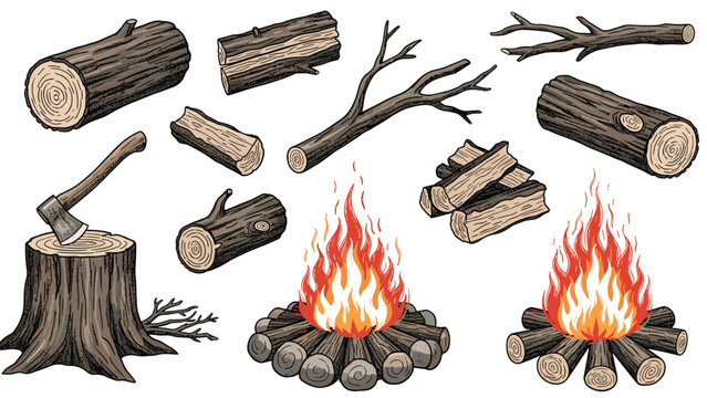 Collection of campfire elements including stacked logs, loose firewood, an axe in a tree stump, and glowing bonfires on a white background.