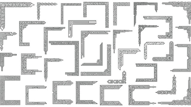 Set of decorative corner border designs featuring intricate geometric, greek key, and celtic knot patterns in black and white.