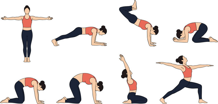 Collection of Yoga Poses for Flexibility and Strength, Including Downward Dog and Warrior Poses