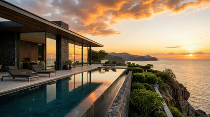 Fototapeta premium Luxury villa pool tropical sunset vacation concept travel ocean cliffside infinity pool modern architecture