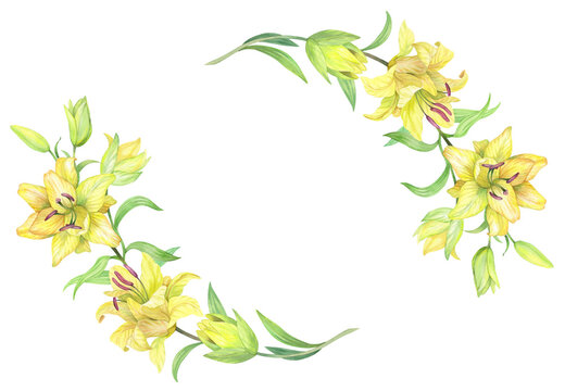 Corners frame of the bouquet of lilies. Handmade watercolor illustration. For packaging design, cards, cover, prints, product labels and fabric.