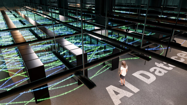 3D Illustration of a futuristic AI data center with glowing data connections.