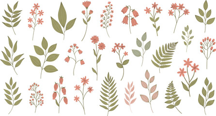 Minimal botanical elements vector set featuring leaves, branches and small flowers in soft earthy tones for modern natural design © jafrine