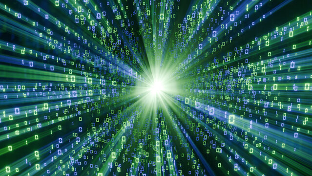 Abstract 3D render of binary explosion in cyberspace.