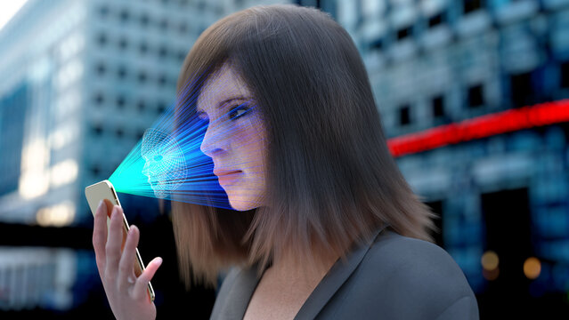 3d render of a young woman using a facial scan for secure smartphone access.