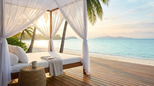 Tropical vacation concept travel beach canopy bed ocean sunrise palm tree wooden deck sea breeze serene getaway