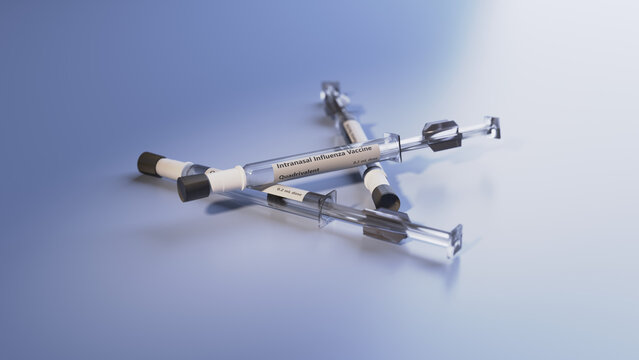 3d render of three intranasal flu vaccine spray dosages.