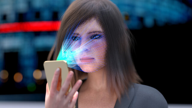3d render of a young woman using a facial scan for secure smartphone access.