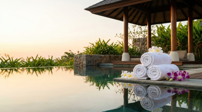 Tropical vacation concept travel spa towel poolside sunset relaxation pavilion floral serenity
