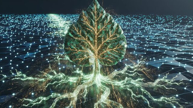 A futuristic abstract visualization depicts a glowing green sphere connected to a complex network of interconnected nodes and lines, symbolizing data, technology, and innovation.