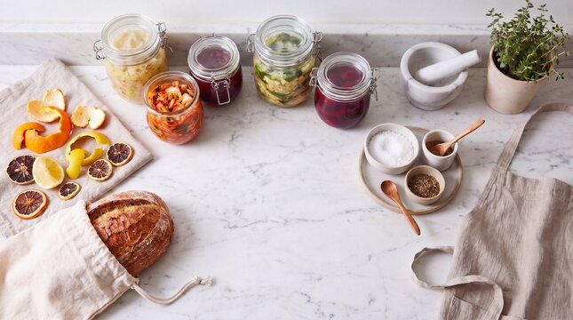 Preparaci&oacute;n dom&eacute;stica de conserva, c&iacute;trico y pan en cocina minimalista