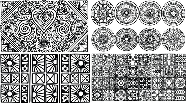 Set of four hand drawn ornamental backgrounds featuring intricate black line art mandalas, heart patterns, geometric tiles, and ethnic floral designs.