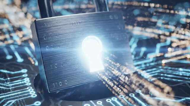 A metallic padlock rests atop a glowing circuit board, symbolizing digital security and data protection in a futuristic setting.